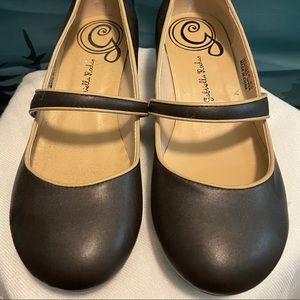 Brown Mary Janes. Wide width.